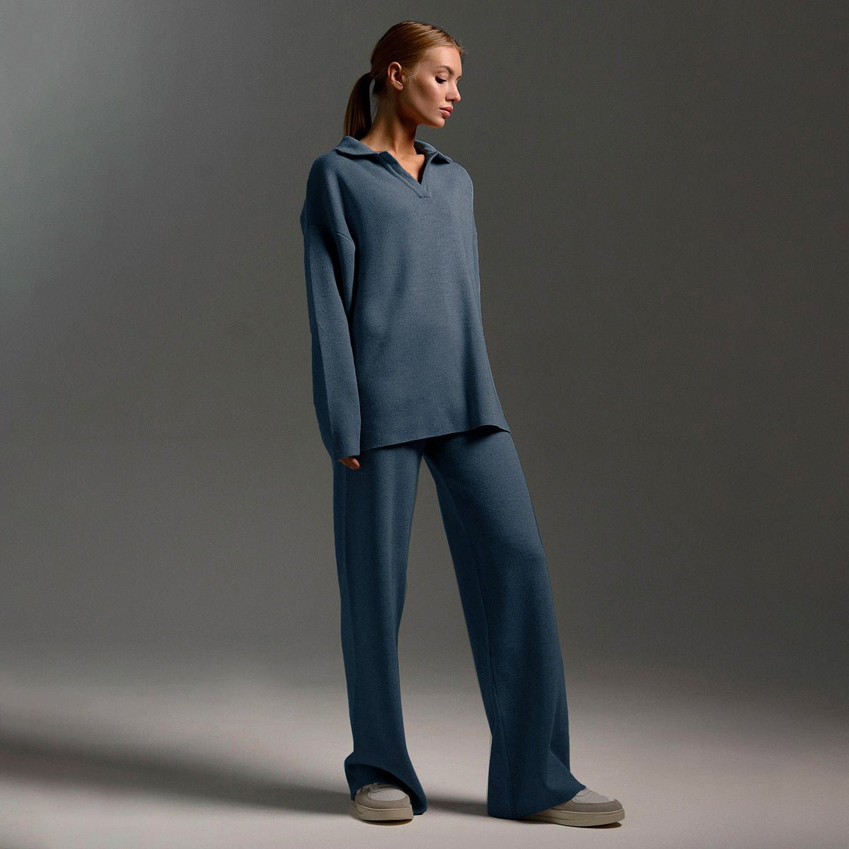 Knit Polo Collar Sweater and Wide Leg Pants Two Piece Set