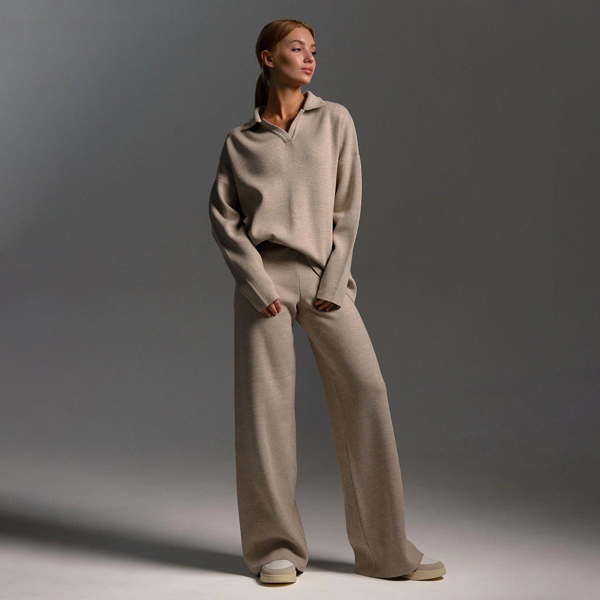 Knit Polo Collar Sweater and Wide Leg Pants Two Piece Set