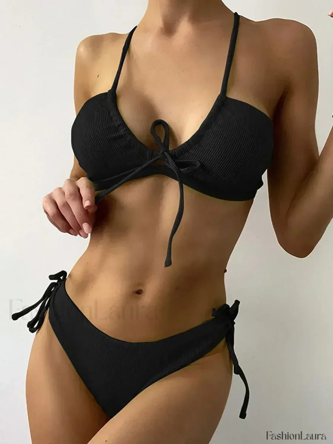 Knotted Tie Ribbed Bikini Set