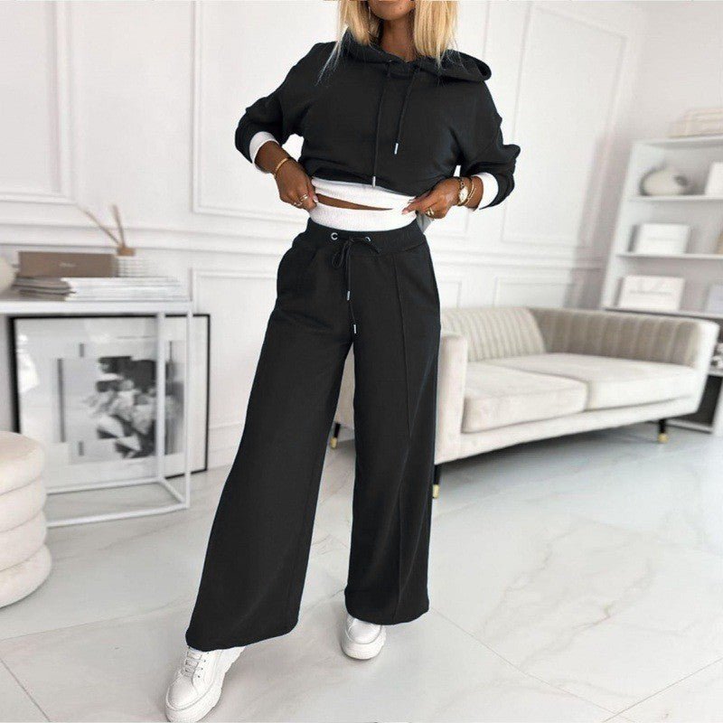 Cropped Hoodie and Wide Leg Pants Two Piece Set