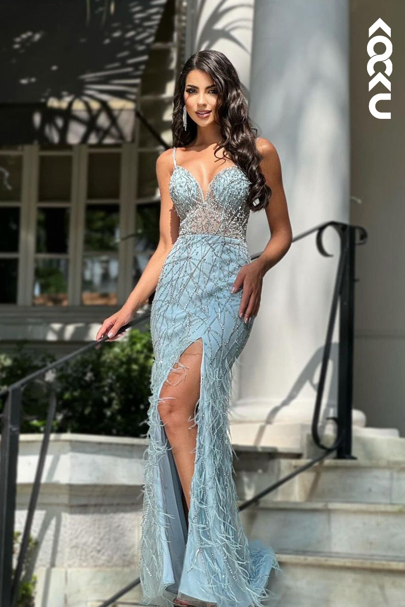 L2510 - Elegant & Luxurious Sheath V-Neck Straps Fully Beaded Party Gown Prom Dress with Feather and High Side Slit