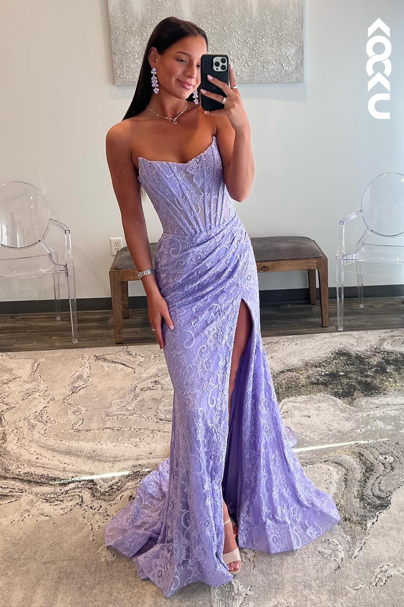 L2507 - Sexy & Hot Sheath Strapless Floral Appliqued and Sequined Party Gown Prom Dress with High Side Slit and Pleats