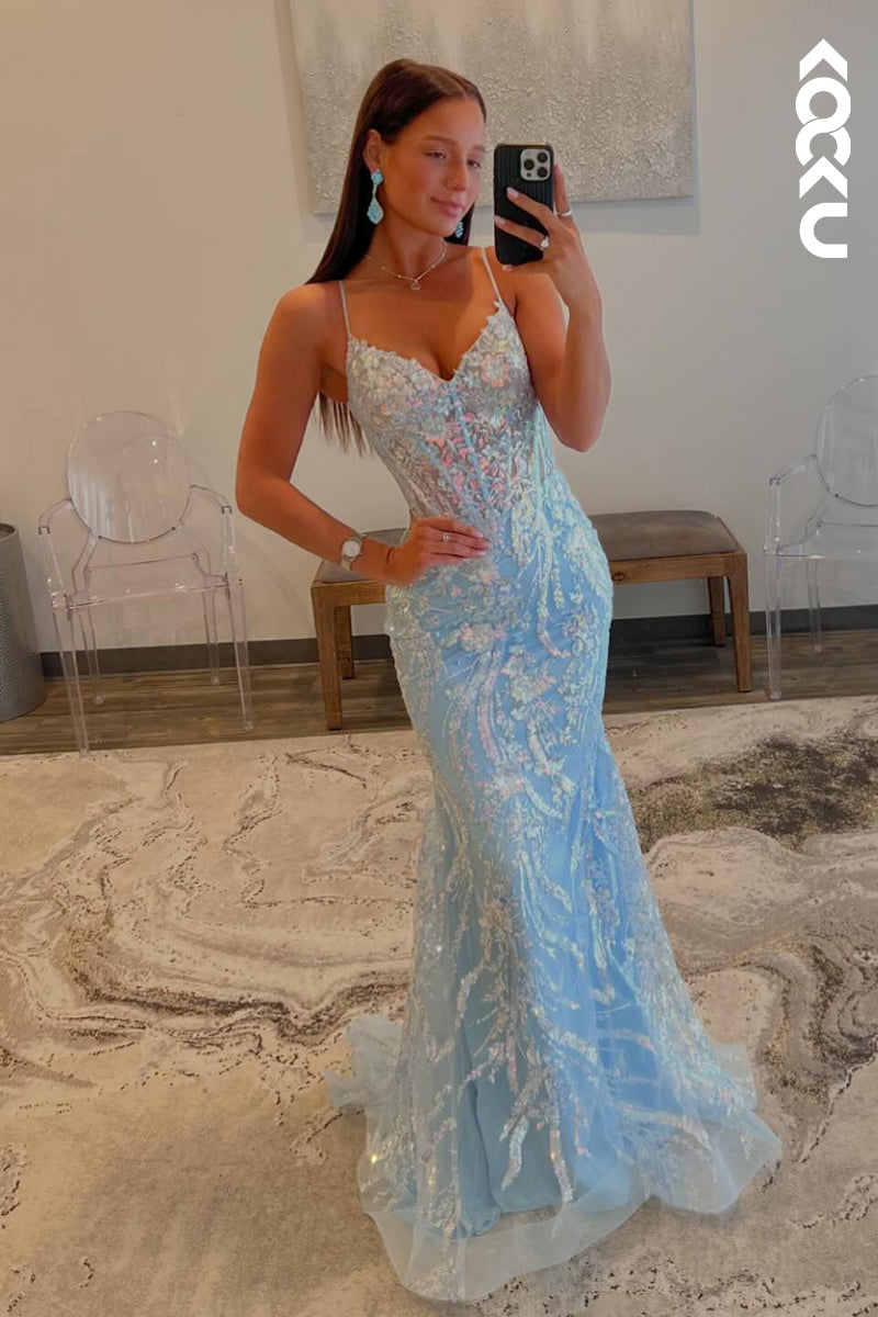 L2506 - Sexy & Hot Sheath V-Neck Straps Fully Floral Sequined Floor-Length Party Gown Prom Dress