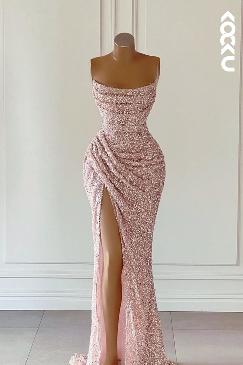 L2605 - Elegant Off-Shoulder Sleeveless Side Slit Sequins Ruched Formal Party Prom Dress