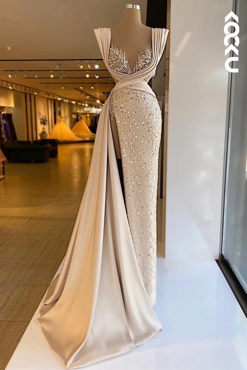 L2002 - Glamorous & Dramatic V- Neck Sleeveless  Long Sheath Party Prom Dress
