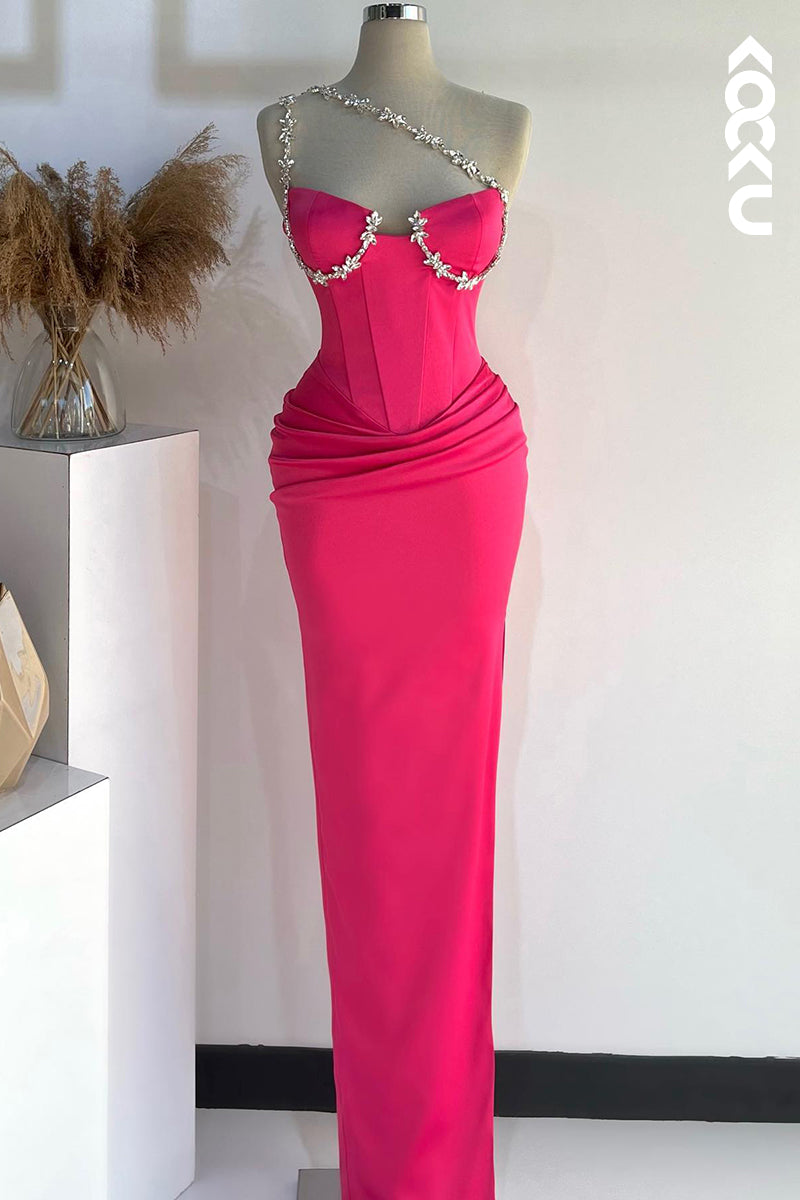 L2504 - Chic & Modern Sheath One Shoulder Floral Beaded and Draped Formal Party Prom Dress