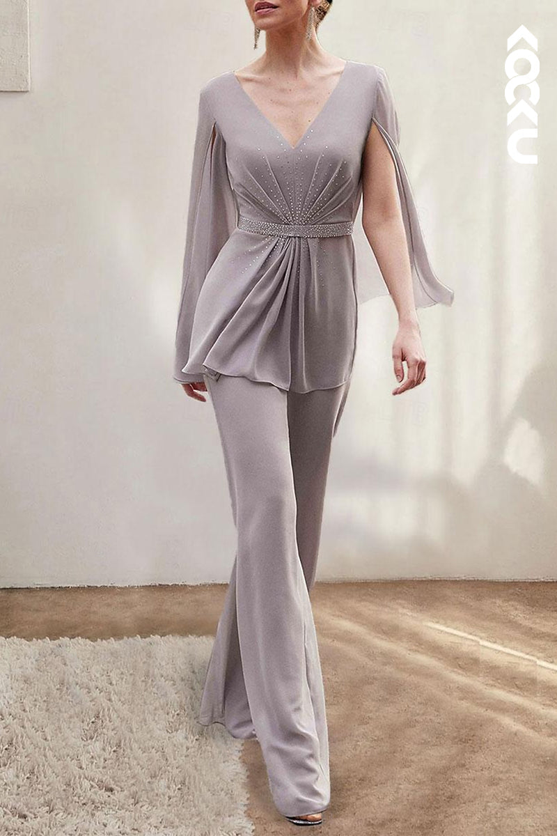 M6245 - Two-Piece Simple & Casual V-Neck Long Sleeves Chiffon Mother of the Bride Dress