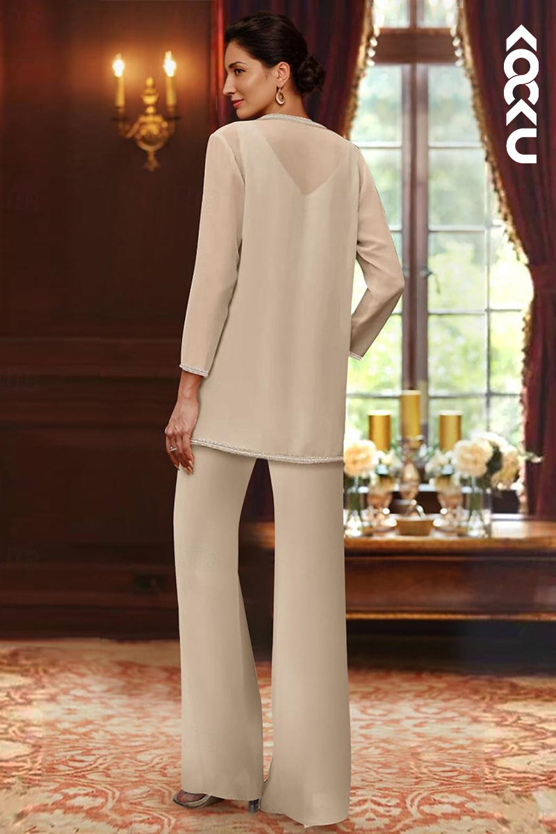 M6255 - Simple & Casual Scoop Three-Piece Chiffon Mother of the Bride Dress