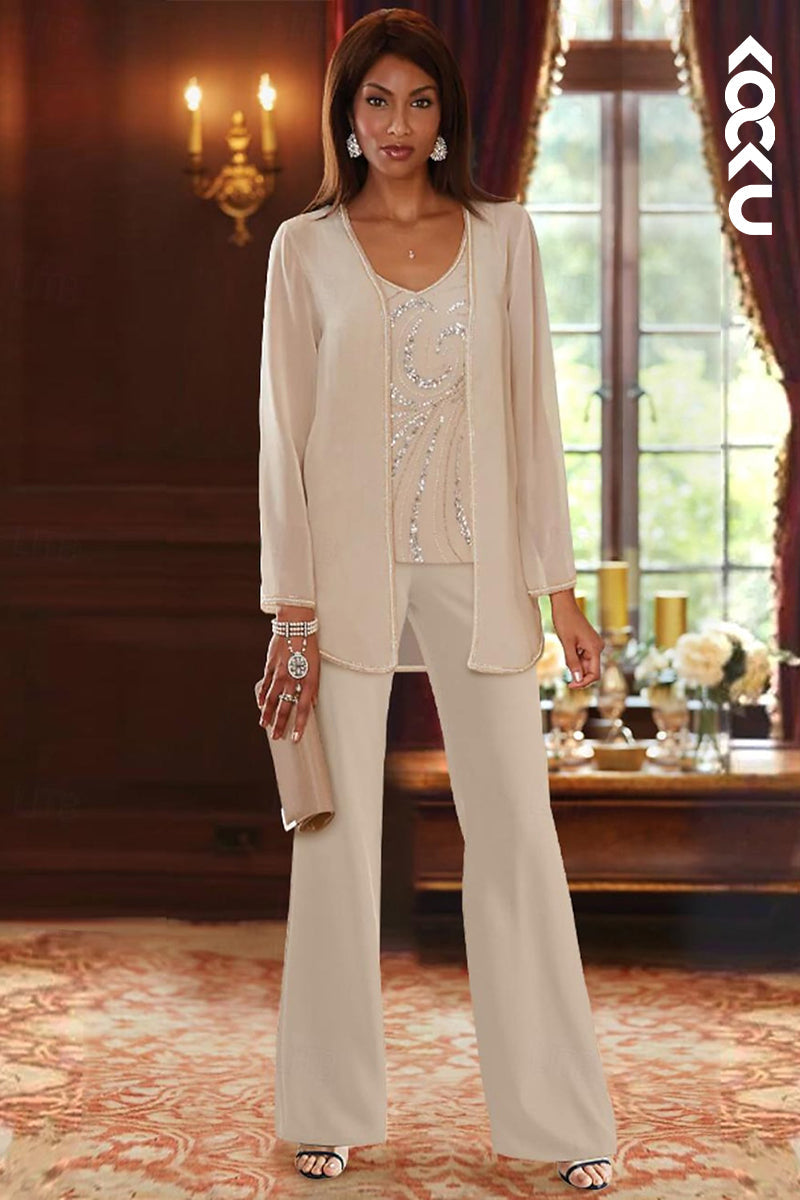 M6255 - Simple & Casual Scoop Three-Piece Chiffon Mother of the Bride Dress