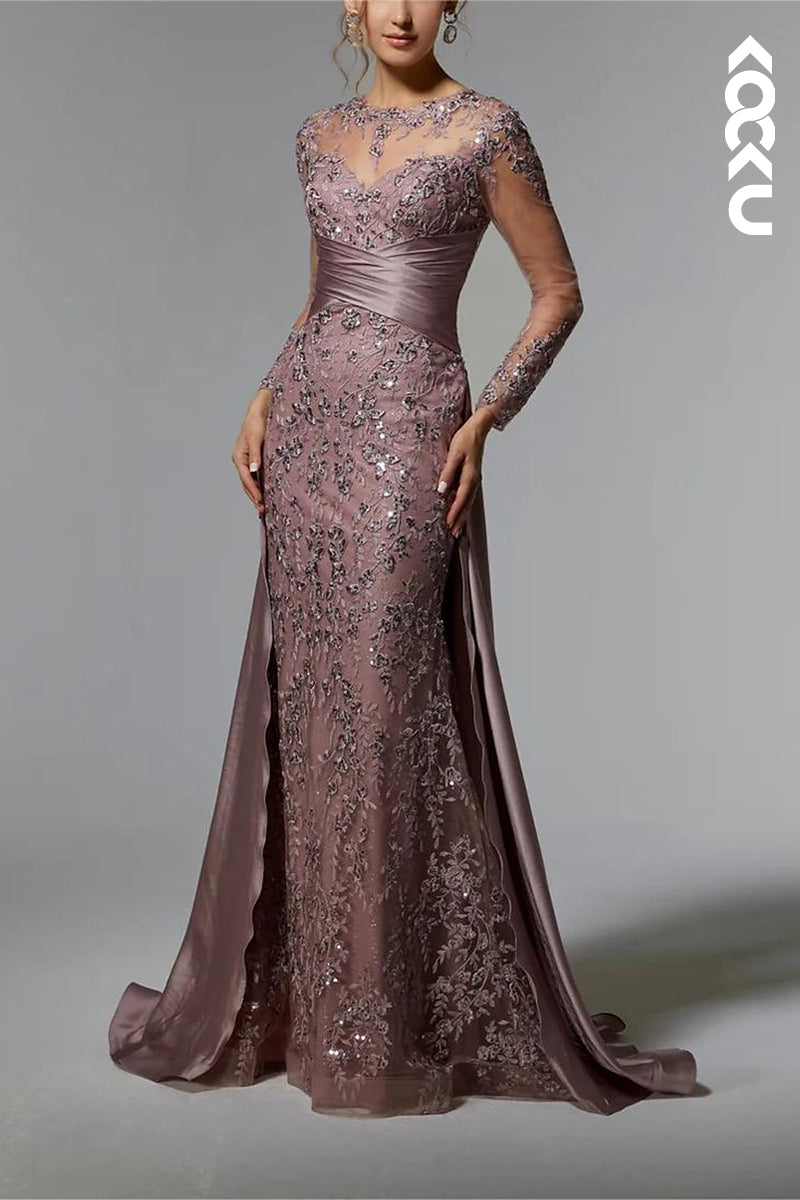 M6252 - Mermaid Long Sleeves Sweep Brush Train Appliques Stain Pleated Mother of the Bride Dress Formal Wedding Guest Gown