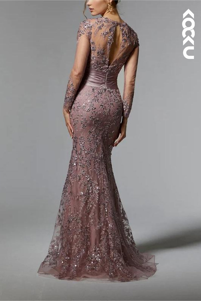 M6252 - Mermaid Long Sleeves Sweep Brush Train Appliques Stain Pleated Mother of the Bride Dress Formal Wedding Guest Gown