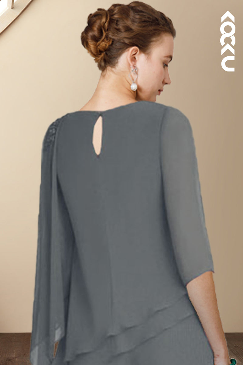 M6273 - Simple & Casual Long Sleeves Two-Piece Chiffon Mother of the Bride Dress