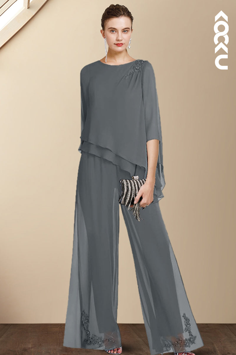 M6273 - Simple & Casual Long Sleeves Two-Piece Chiffon Mother of the Bride Dress