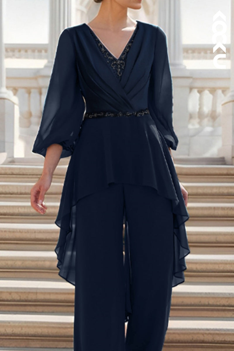 M6235 - Simple & Casual Long Sleeves Two-Piece V-neck Chiffon Mother of the Bride Dress