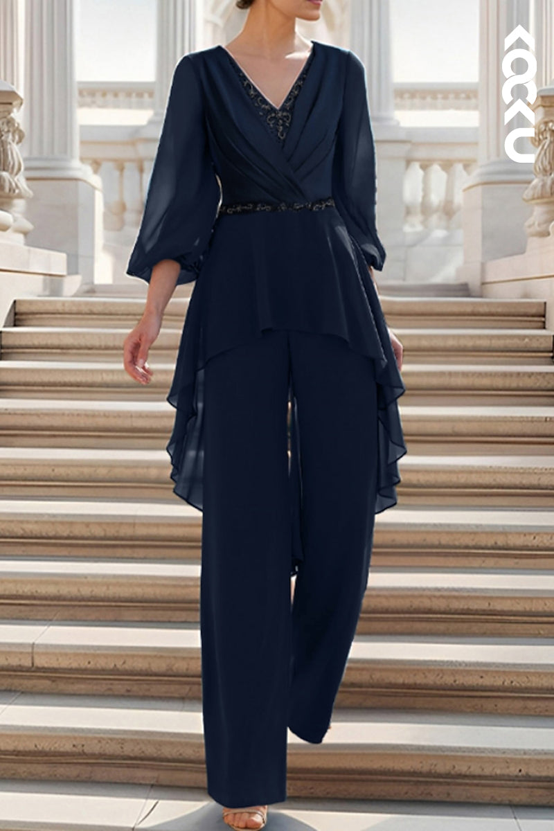 M6235 - Simple & Casual Long Sleeves Two-Piece V-neck Chiffon Mother of the Bride Dress