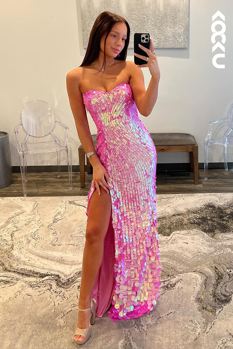 L2601 - Glamorous & Dramatic Off-Shoulder Sleeveless Side Slit Sequins Evening Party Prom Dress