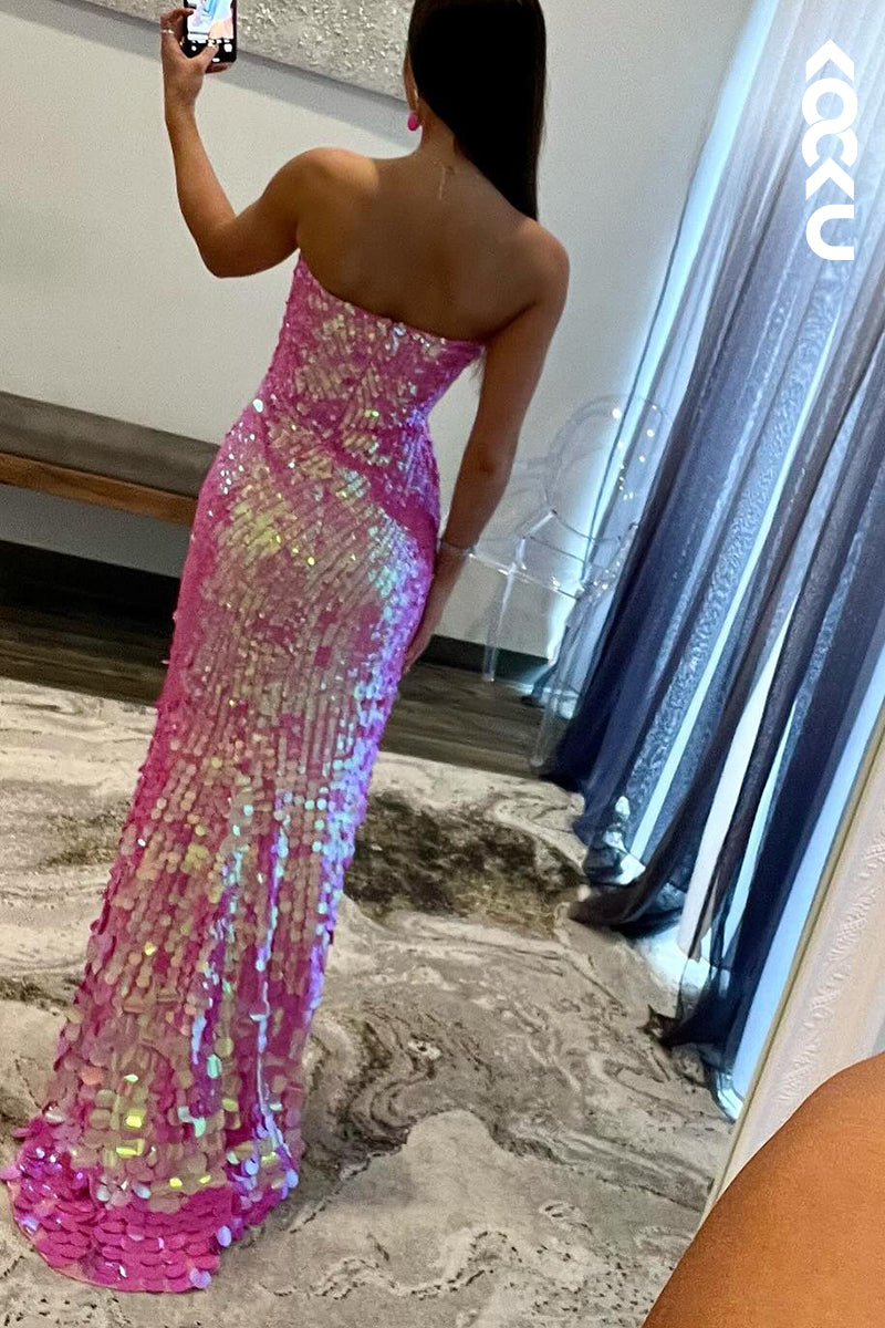 L2601 - Glamorous & Dramatic Off-Shoulder Sleeveless Side Slit Sequins Evening Party Prom Dress