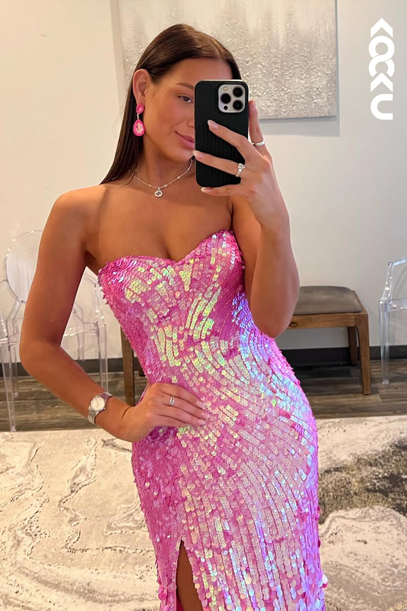 L2601 - Glamorous & Dramatic Off-Shoulder Sleeveless Side Slit Sequins Evening Party Prom Dress