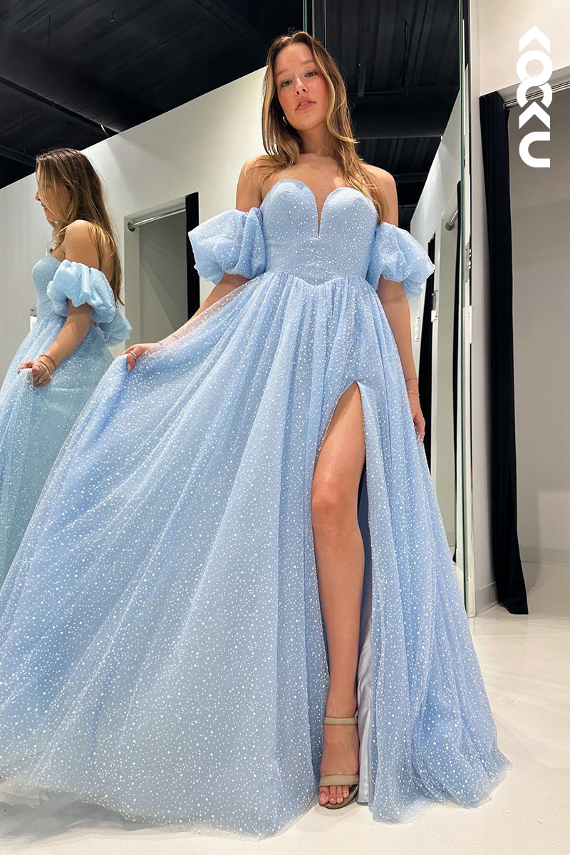 L2855 - Glamorous & Dramatic A-Line Off-Shoulder Cap Sleeves Side Slit Sparkly Prom Dress