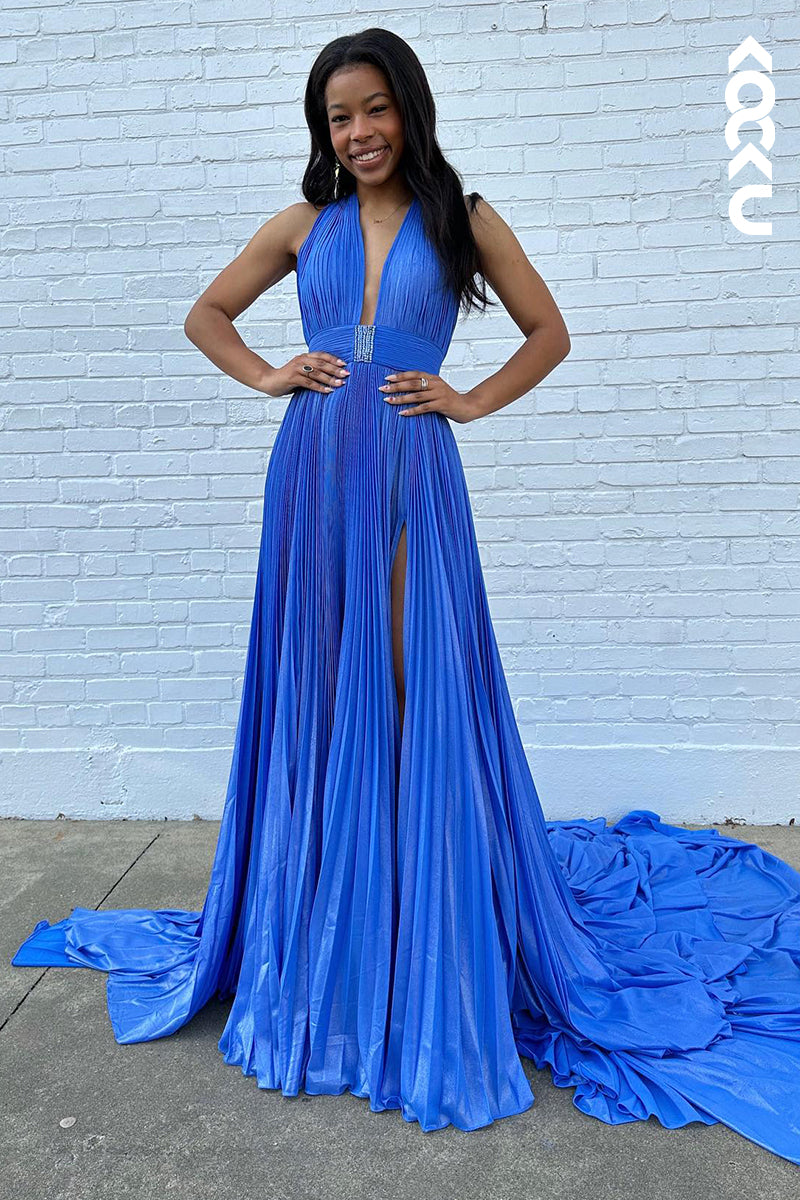 L2938 - Simple & Casual A-Line Halter Sleeveless Side Slit Backless Holiday Party Prom Dress