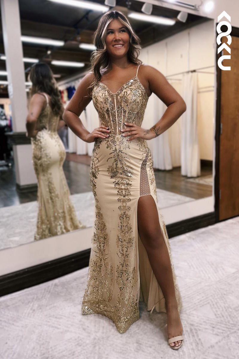 L2619 - Elegant & Luxurious Spaghetti Straps V-Neck Sheath Applique Party Prom Dress