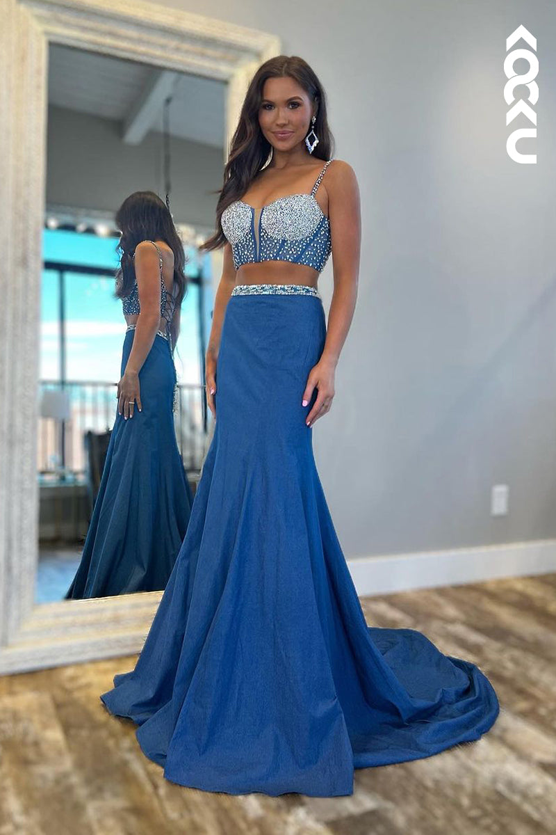 L2650 - Classic & Timeless Two Piece Spaghetti Straps Mermaid Beaded Backless Prom Dress
