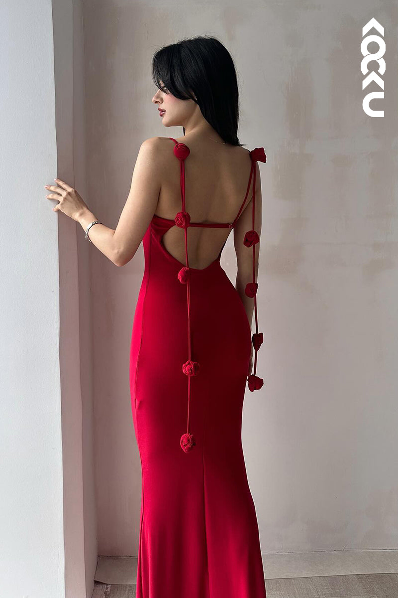 L2889 - Simple & Casual Spaghetti Straps Open back Sheath Evening Party Holiday Prom Dress