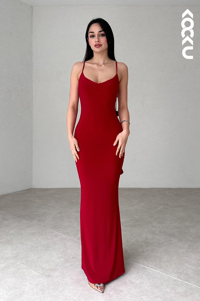 L2889 - Simple & Casual Spaghetti Straps Open back Sheath Evening Party Holiday Prom Dress
