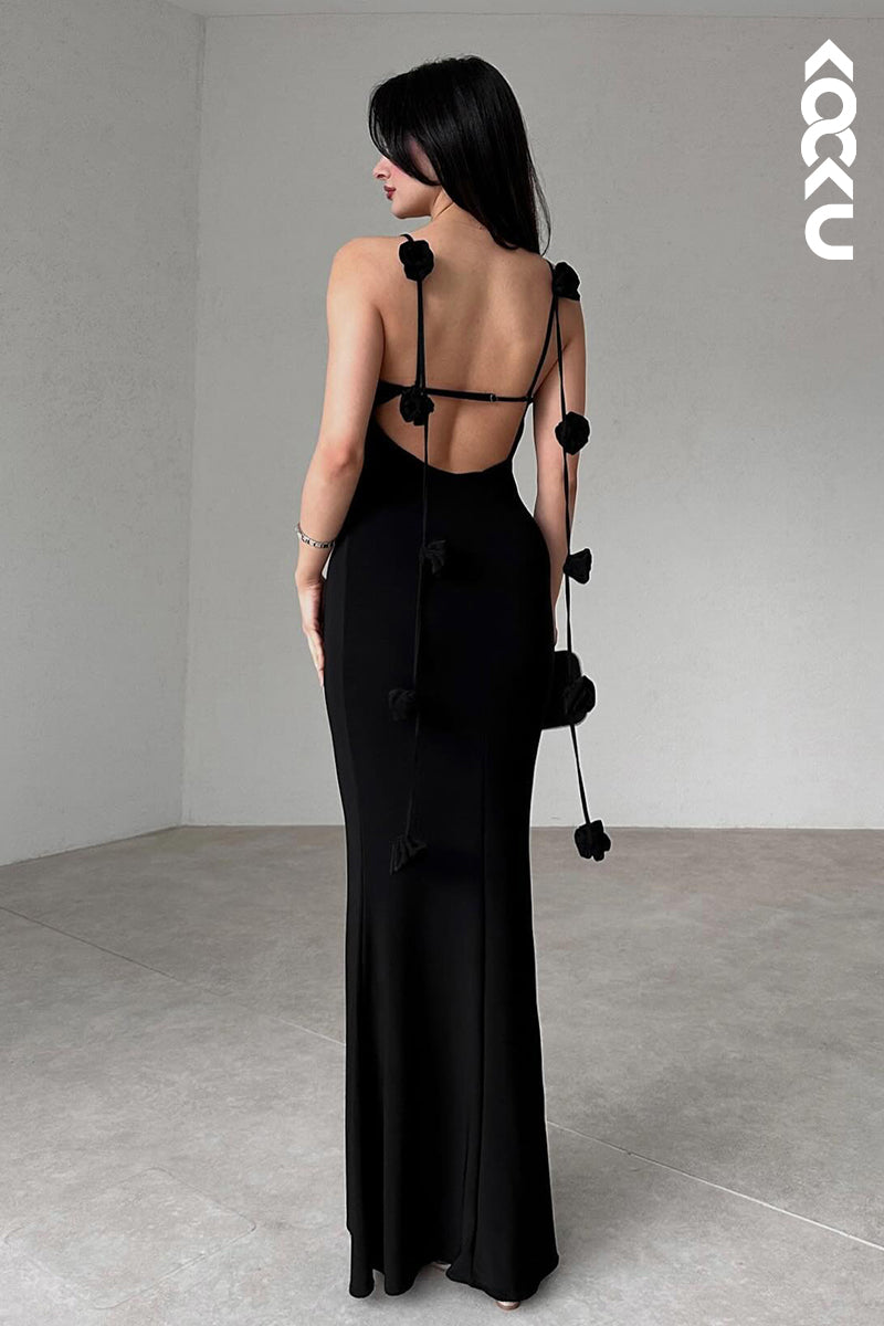 L2889 - Simple & Casual Spaghetti Straps Open back Sheath Evening Party Holiday Prom Dress
