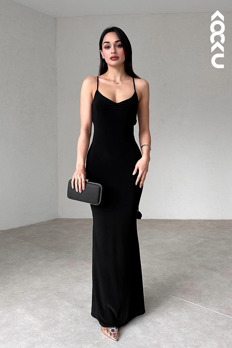 L2889 - Simple & Casual Spaghetti Straps Open back Sheath Evening Party Holiday Prom Dress