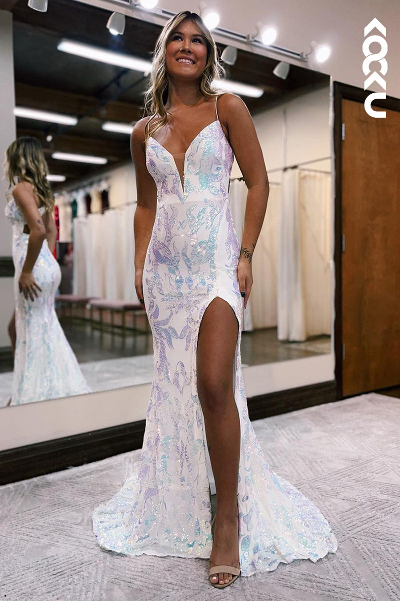 L2465 - Chic & Morden V-neck Spahetti Straps Slit Mermaid Evning Party Prom Dress
