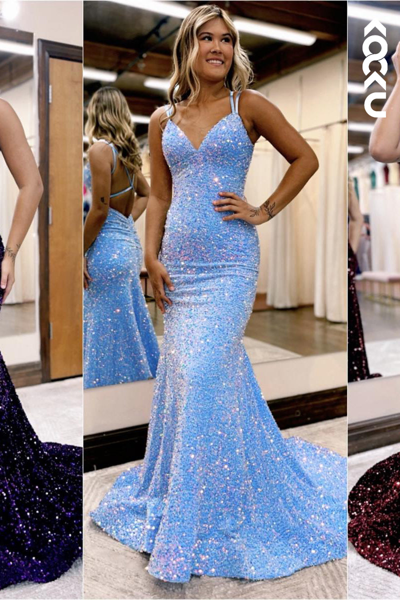 L2622 - Sexy & Hot Sparghetti Straps Sequins V-neck Backless Mermaid Party Prom Dress
