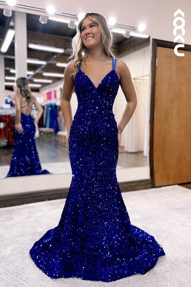 L2622 - Sexy & Hot Sparghetti Straps Sequins V-neck Backless Mermaid Party Prom Dress