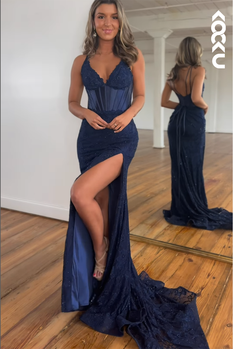 L2519 - Couture & Ornate Spaghetti Straps V-Neck Backless Side Slit Sequins Evening Party Prom Dress