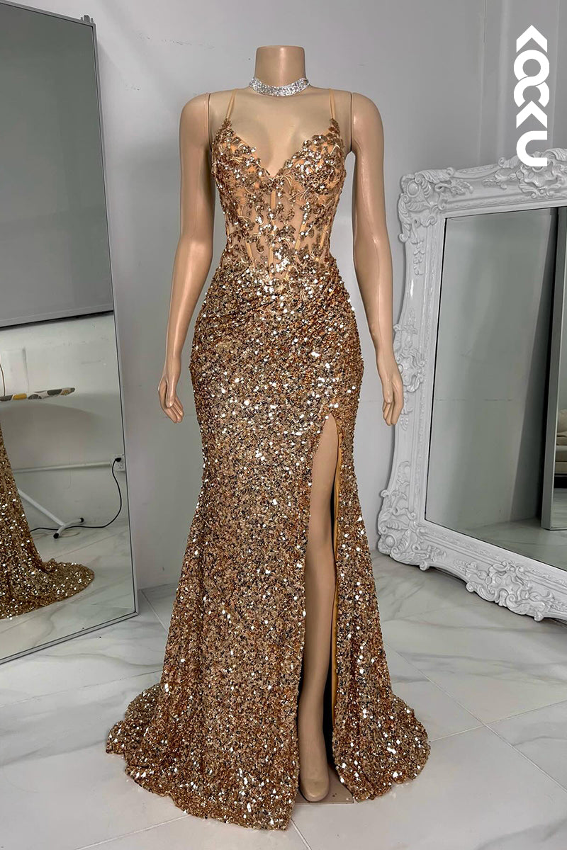 L2799 - Gorgeous & Charming Spaghetti Straps V-Neck Backless Sequins Mermaid Prom Dress