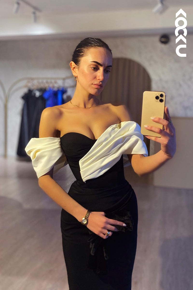 L2633 - Couture & Simple Off-Shoulder Cap Sleeves Sheath Formal Party Prom Dress