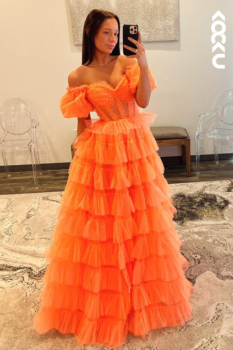 L2632 - Classic & Timeless A-line Off-Shoulder Cap Sleeves Slit Formal Prom Dress