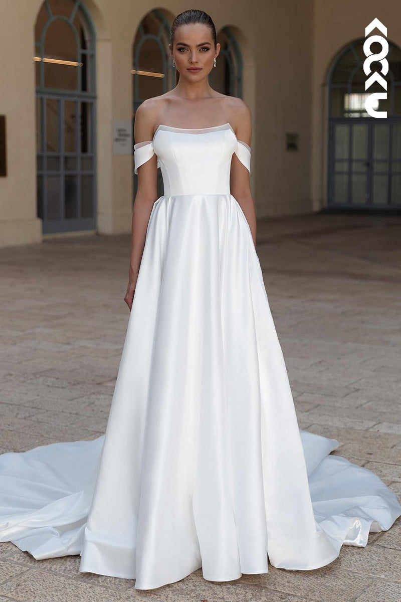 K2010 - Couture & Simple Off-Shoulder Cap Sleeves A-line Satin Wedding Dress