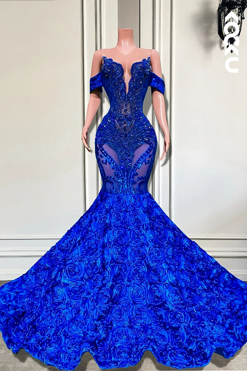 L2833 - Glamorous & Dramatic V-Neck Cap Sleeves Applique Mermaid Evening Party Prom Dress