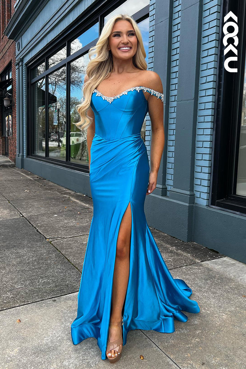L2979 - Chic & Modern Off-Shoudelr Sleeveless Mermiad Side Slit Ruffles Evening Party Prom Dress