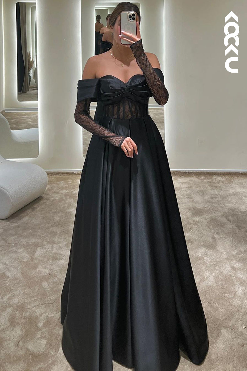 L2397 - Off-Shoulder Long A-line Ruched Half Sleeves Formal Party Prom Dress