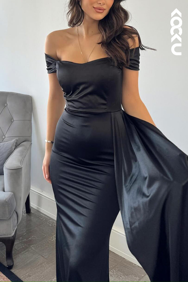 L3038 - Simple & Casual Off-Shoulder Sleeveless Sheath Holiday Party Prom Dress