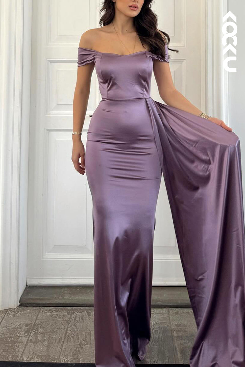 L3038 - Simple & Casual Off-Shoulder Sleeveless Sheath Holiday Party Prom Dress