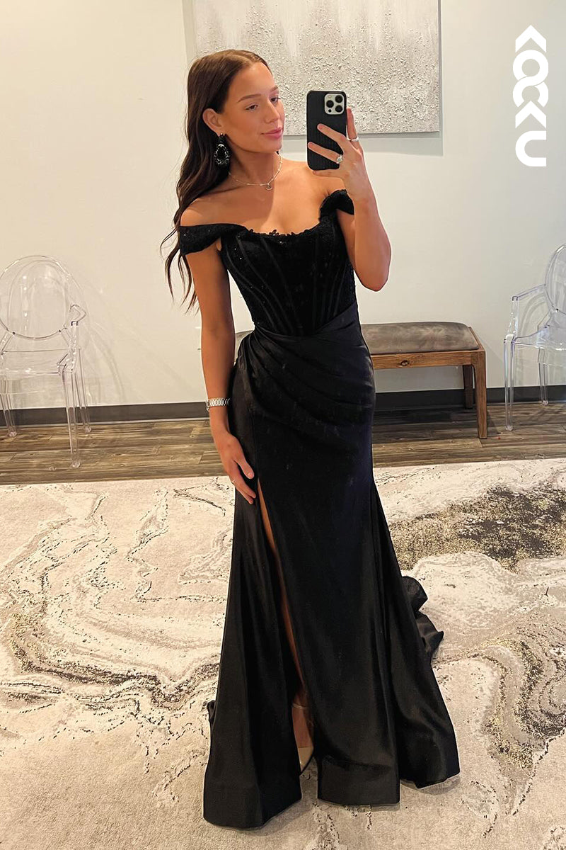 L2646 - Chic & Modern Off-Shoulder Cap Sleeves Sheath Side Slit Evening Party Prom Dress