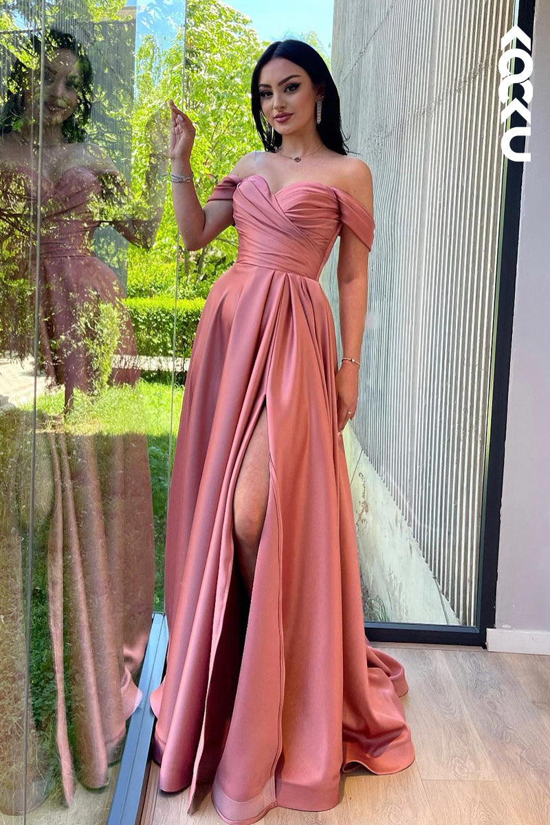L2906 - Gorgeous & Charming Cap Sleeves Side Slit Off-Shoulder A-line Slit Formal Prom Dress