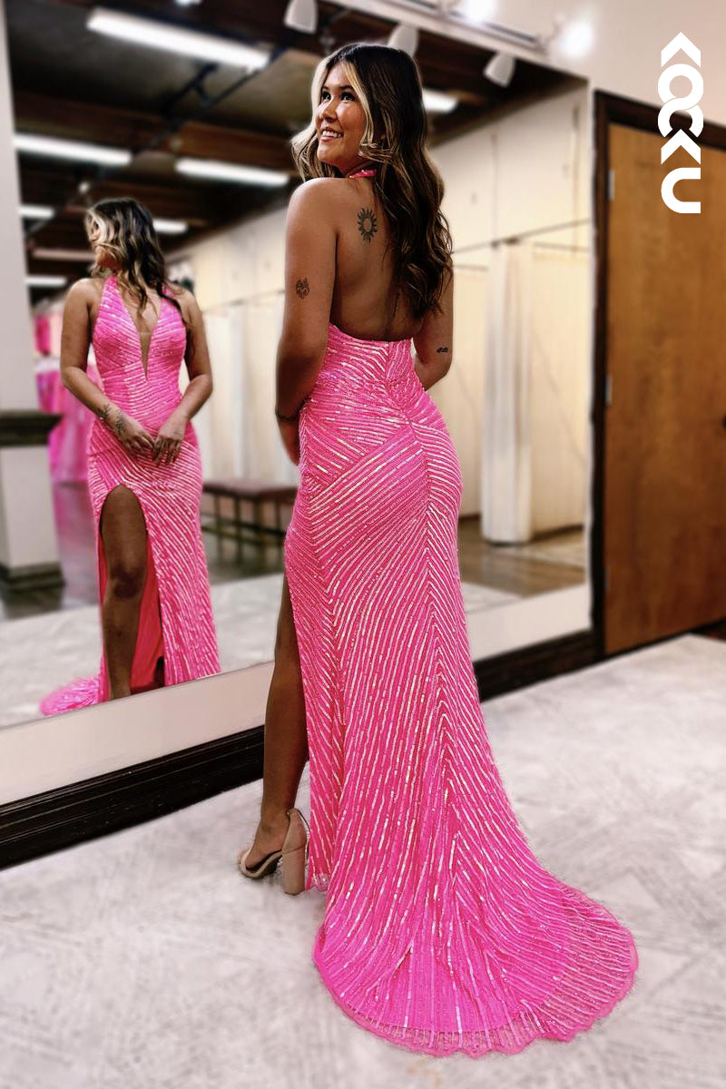 L2596 - Couture & Ornate Halter Sleeveless Side Slit Sequins Backless Evening Party Prom Dress