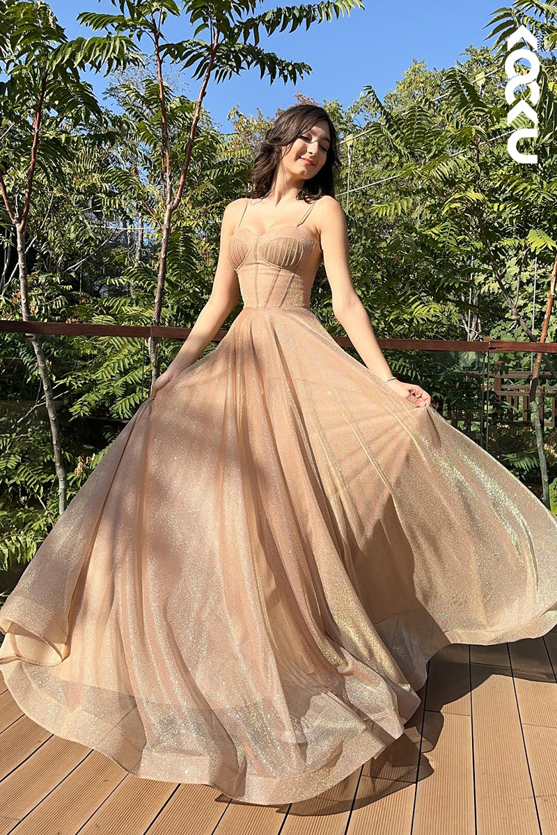 L2956 - Classic & Timeless Spaghetti Straps Sparkly Tulle A-line Formal Party Prom Dress