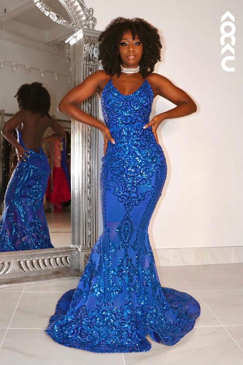 L2795 - Sexy & HotMermaid Halter V-Neck Sleeveless Slit Sequins Evening Prom Dress