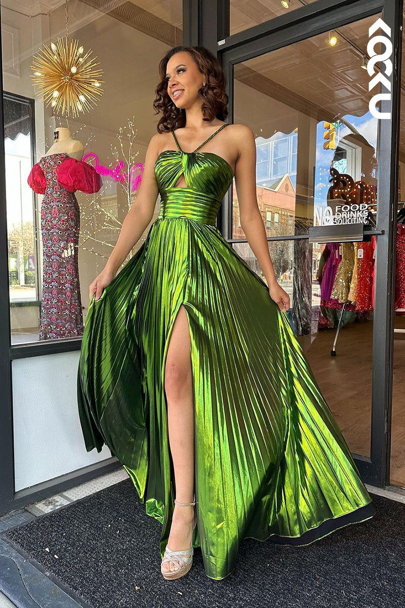 L2385 - Chic & Charming Halter Sleeveless Slit A-Line Party Prom Dress