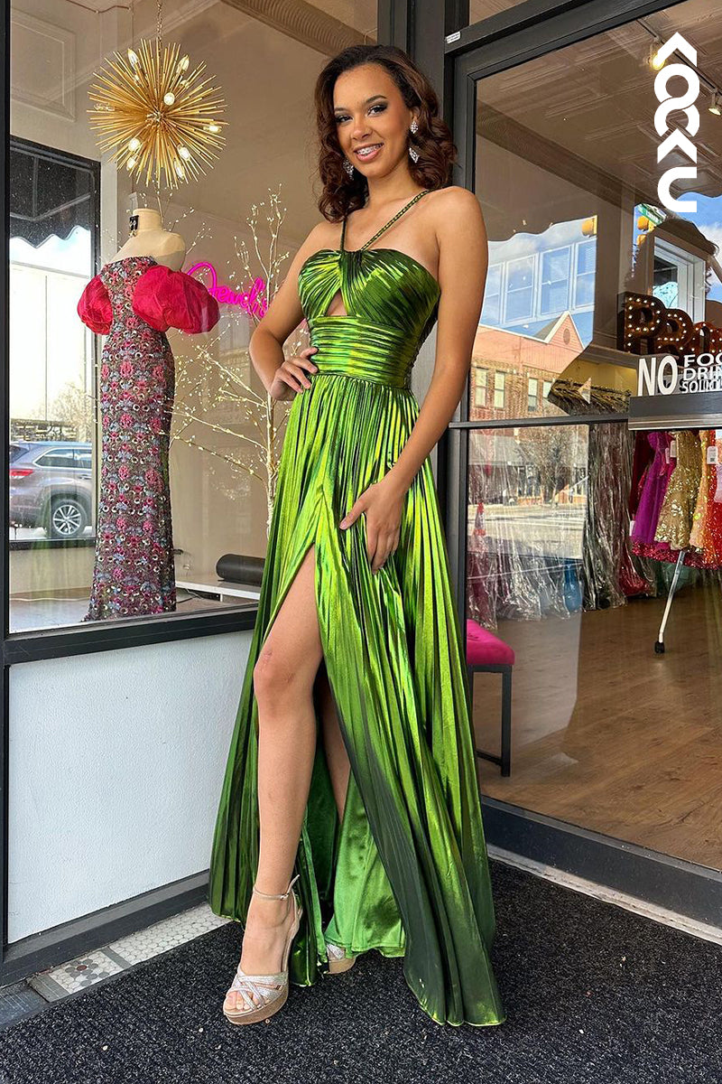 L2385 - Chic & Charming Halter Sleeveless Slit A-Line Party Prom Dress
